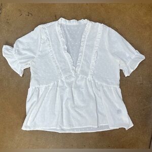 Women’s V-neck Bohemian Peasant Top 100% Polyester White Short Sleeve Large